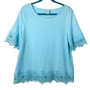 Chico’s L aqua blue wide lace trim slub short sleeve top (Chico’s size 2)